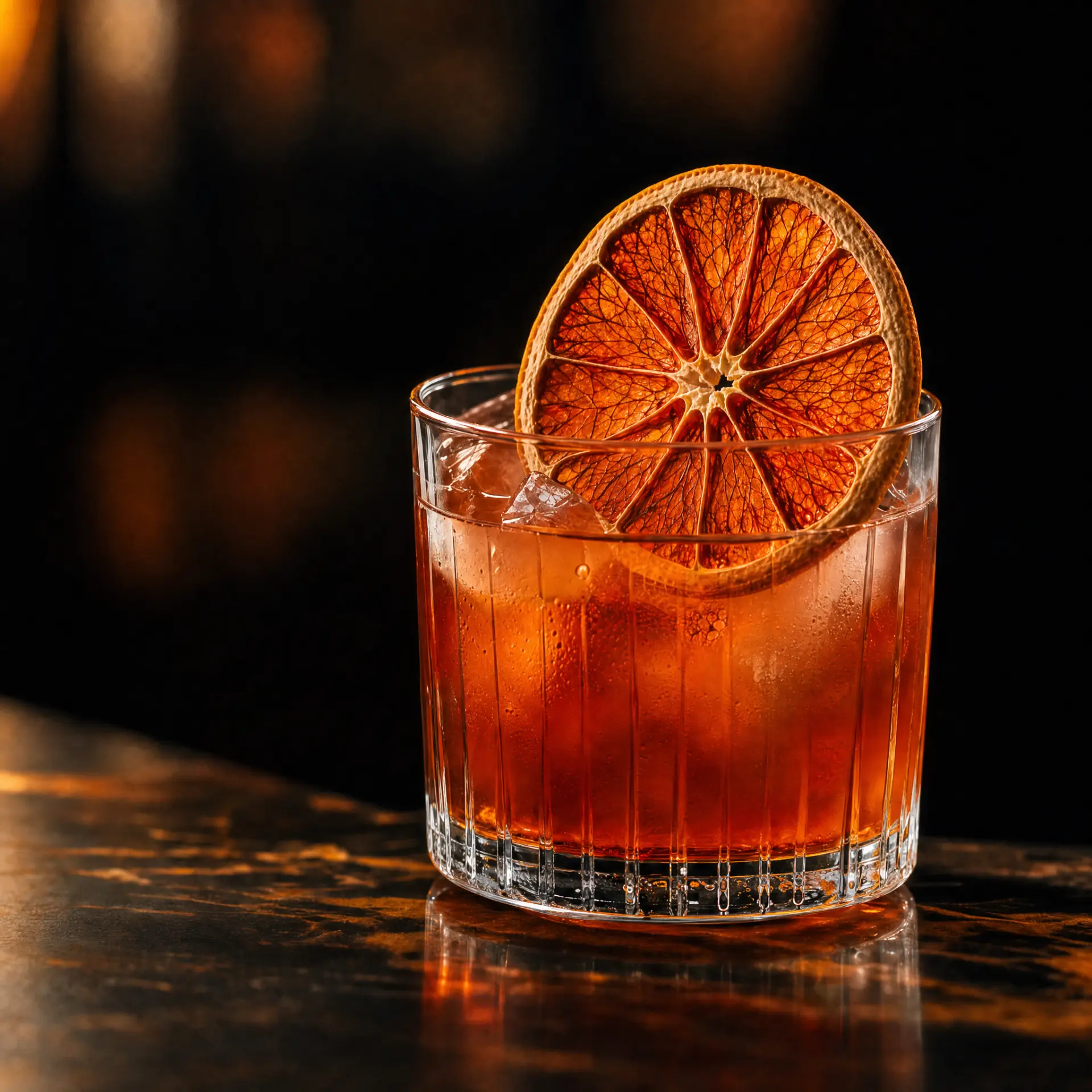 Short glass of amber cocktail over ice, garnished with a large dehydrated orange wheel.
