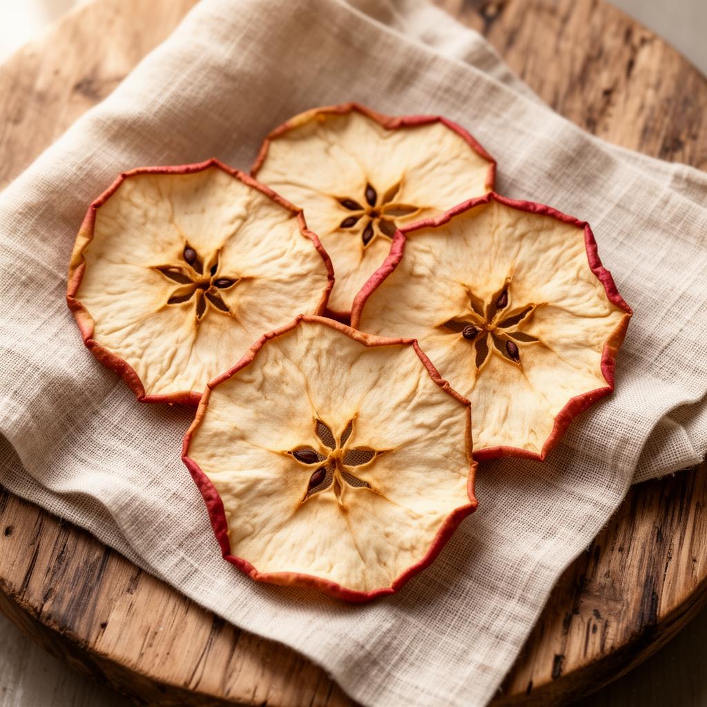 Dehydrated apple slices arranged on linen and oak board