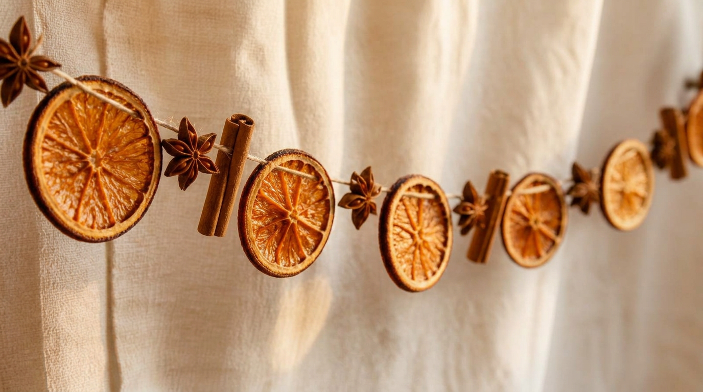 Dried orange garland strung on cotton twine with cinnamon sticks and star anise against a warm linen backdrop.