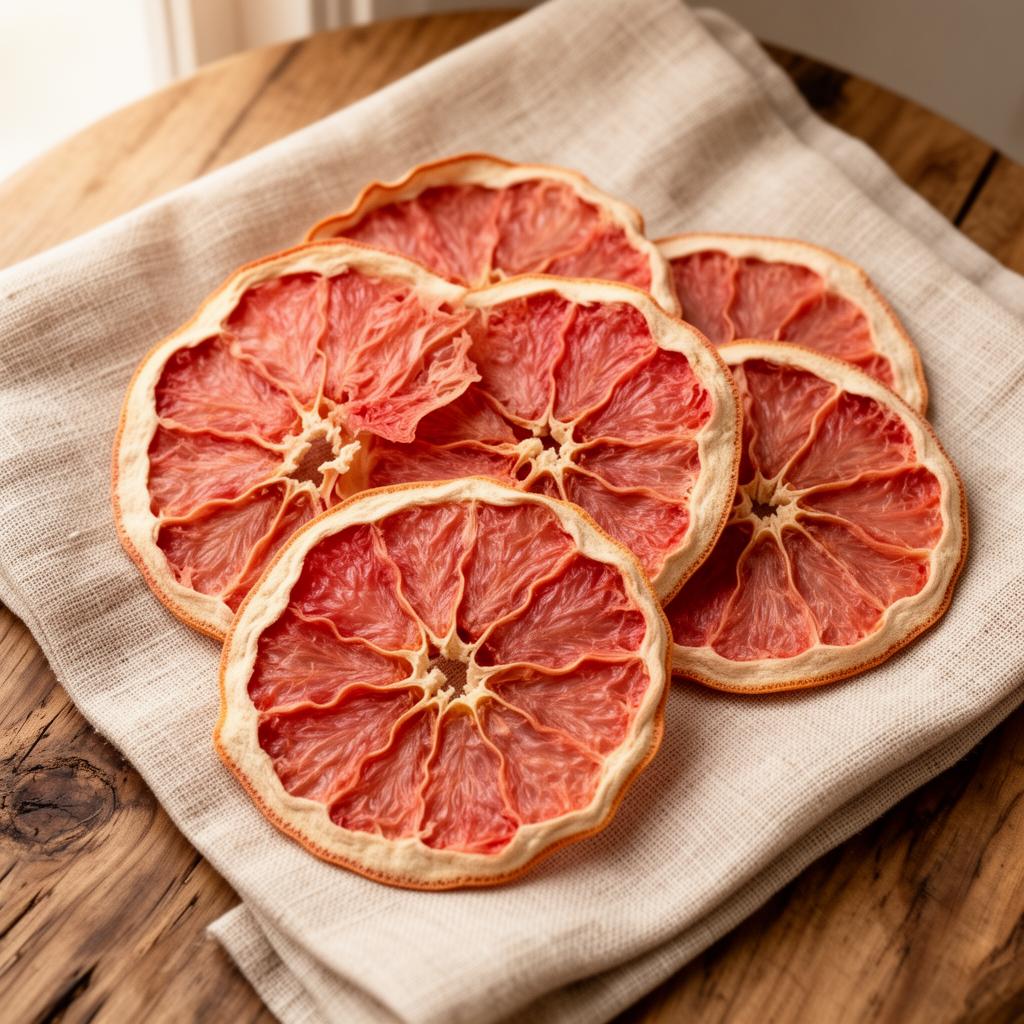 Dehydrated pink grapefruit wheels arranged on linen and oak board