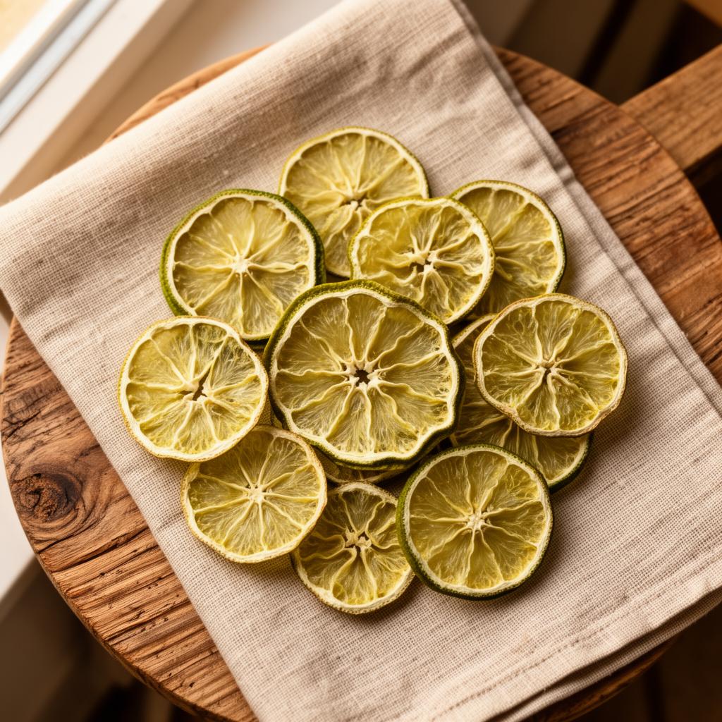 Dehydrated lime wheels arranged on linen and oak board