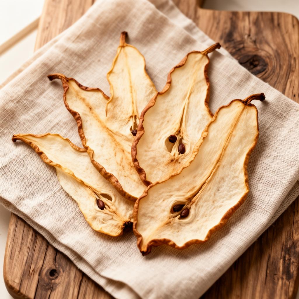 Dehydrated pear slices arranged on linen and oak board
