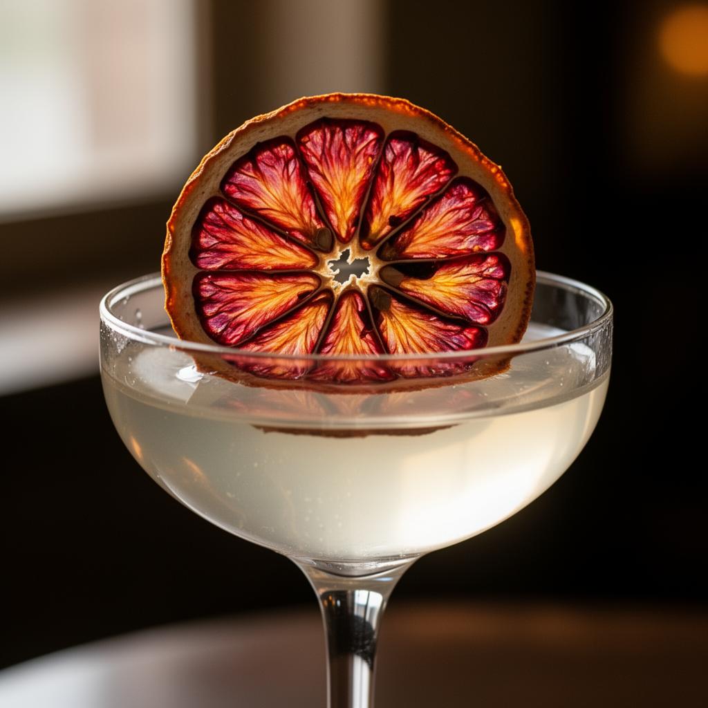 Dehydrated blood orange wheel garnishing a coupe cocktail